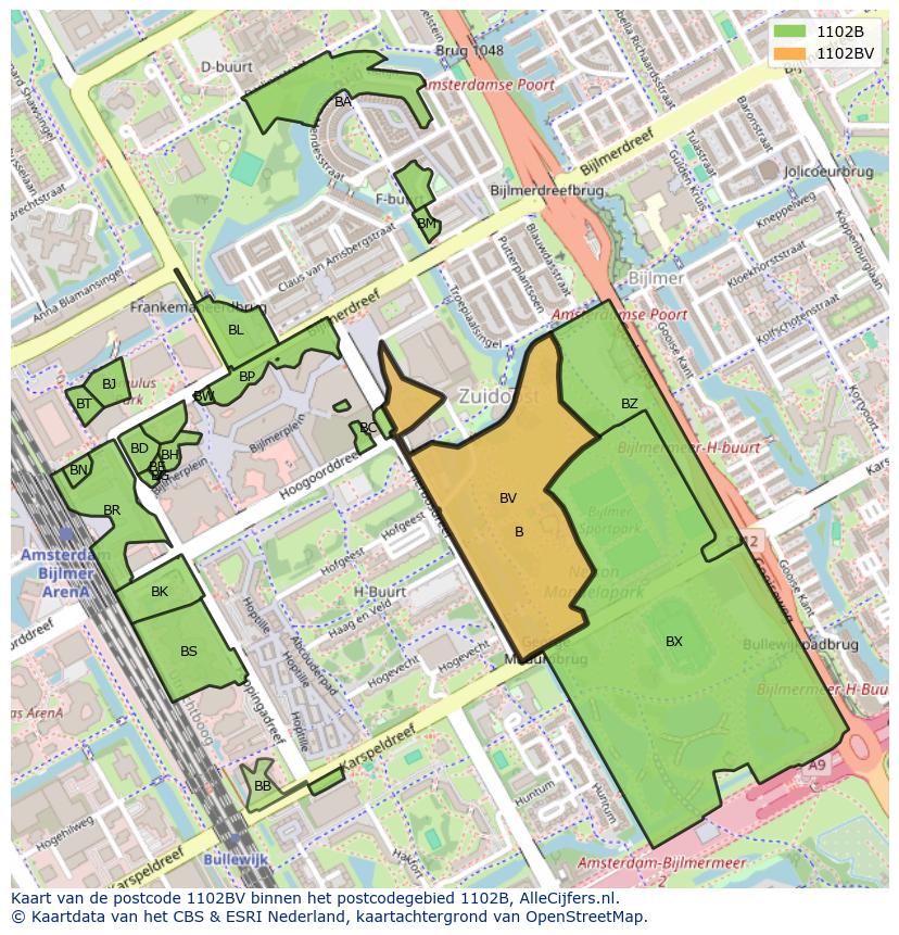 Afbeelding van het postcodegebied 1102 BV op de kaart.