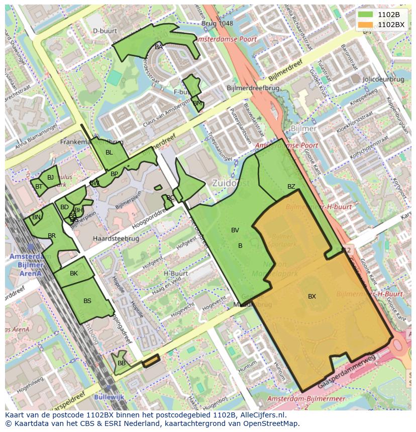 Afbeelding van het postcodegebied 1102 BX op de kaart.