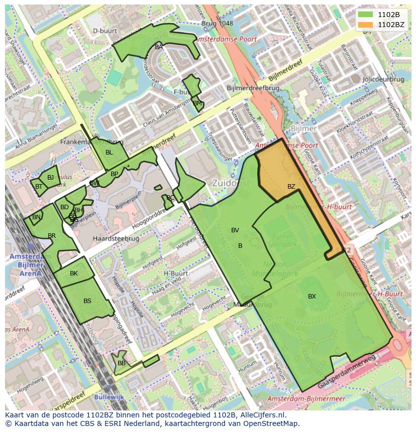Afbeelding van het postcodegebied 1102 BZ op de kaart.