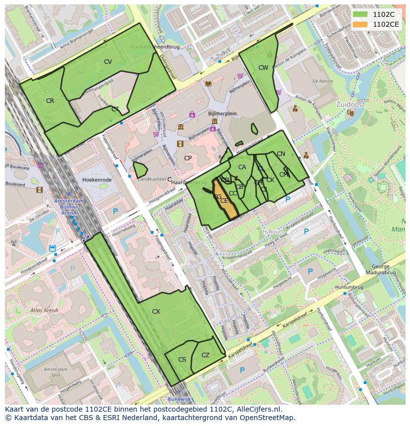 Afbeelding van het postcodegebied 1102 CE op de kaart.