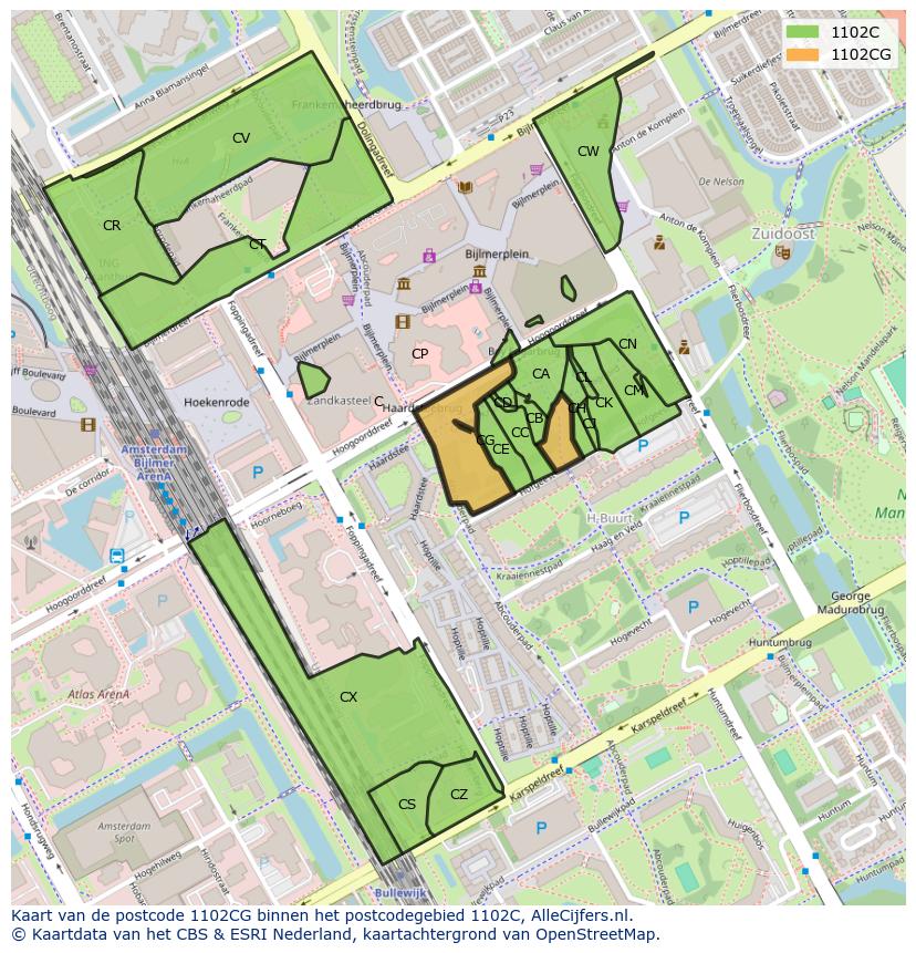 Afbeelding van het postcodegebied 1102 CG op de kaart.