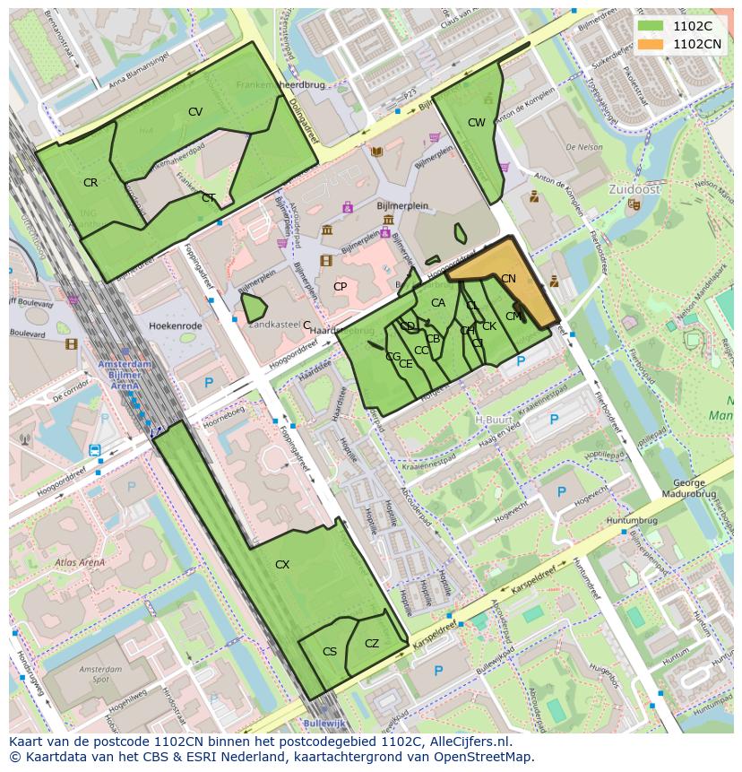 Afbeelding van het postcodegebied 1102 CN op de kaart.