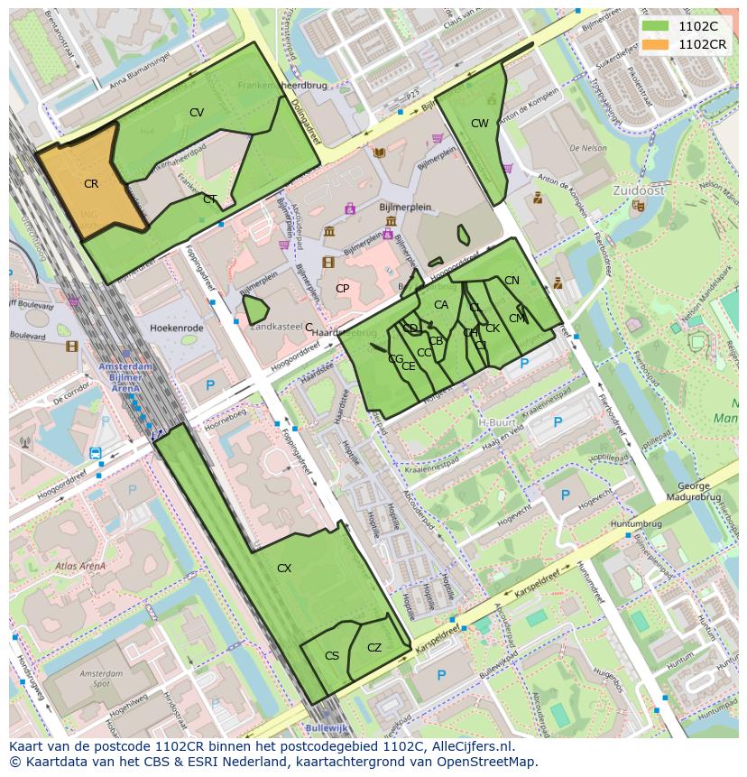 Afbeelding van het postcodegebied 1102 CR op de kaart.