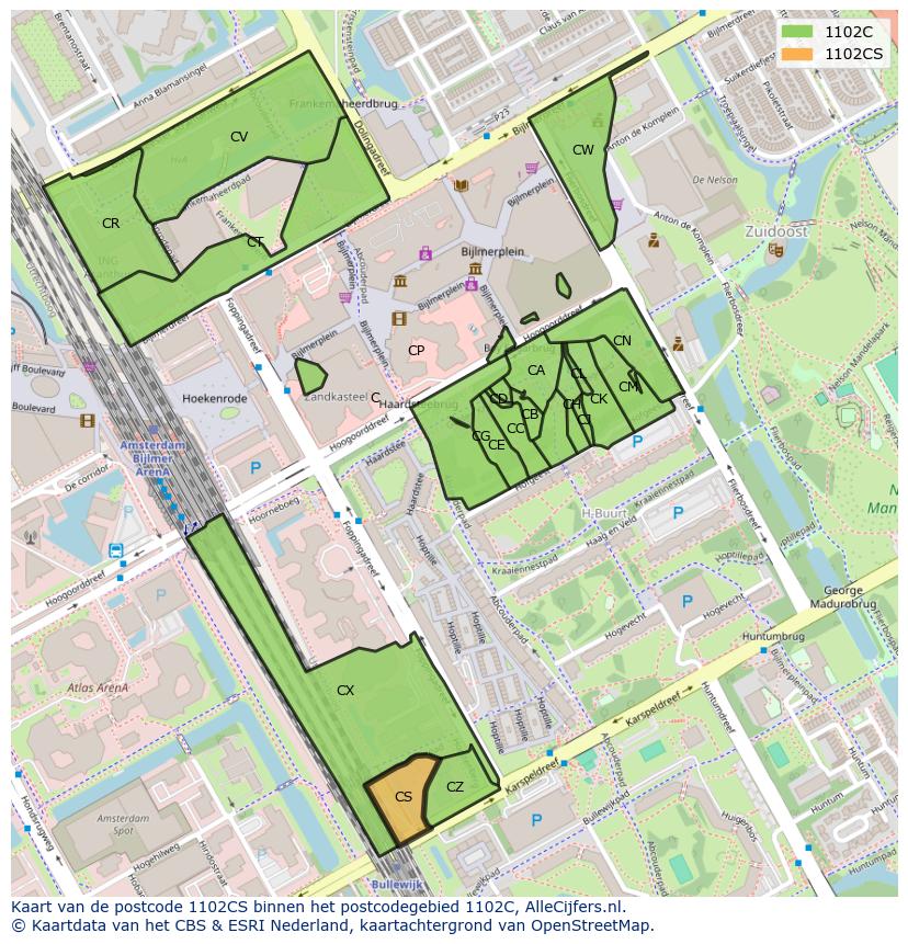 Afbeelding van het postcodegebied 1102 CS op de kaart.