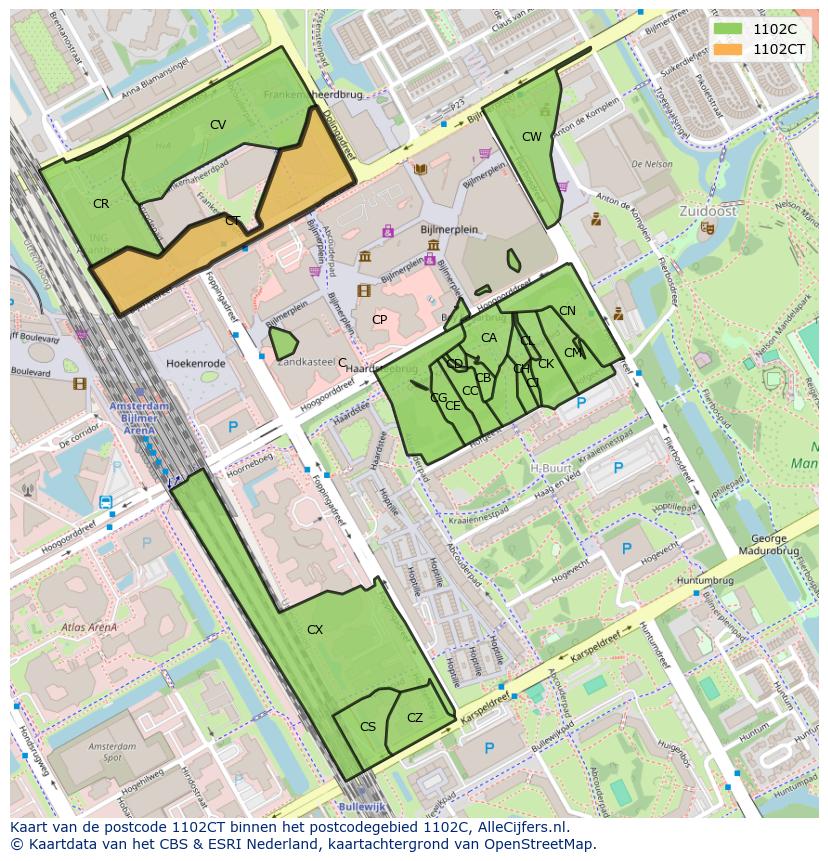 Afbeelding van het postcodegebied 1102 CT op de kaart.