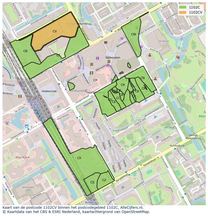 Afbeelding van het postcodegebied 1102 CV op de kaart.