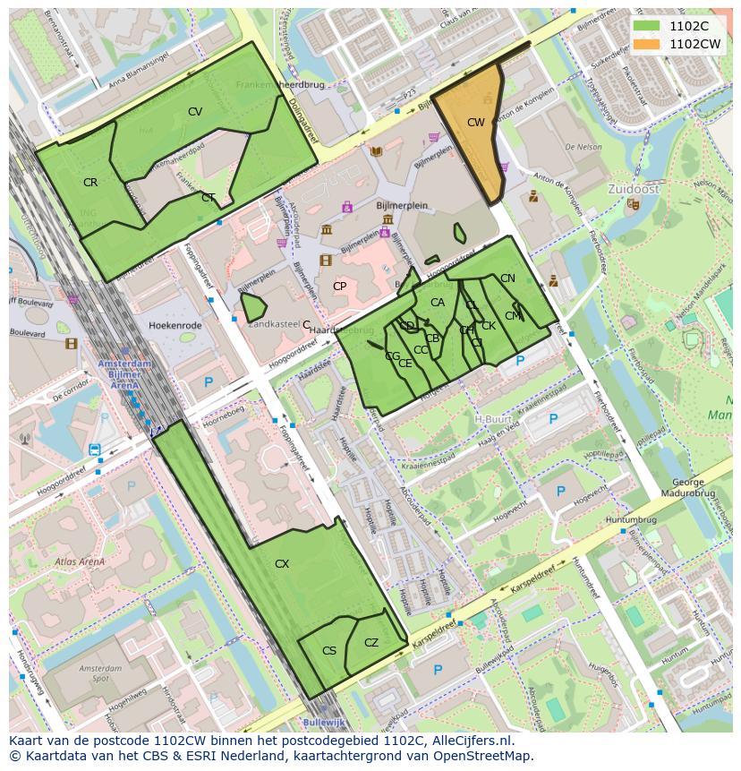 Afbeelding van het postcodegebied 1102 CW op de kaart.