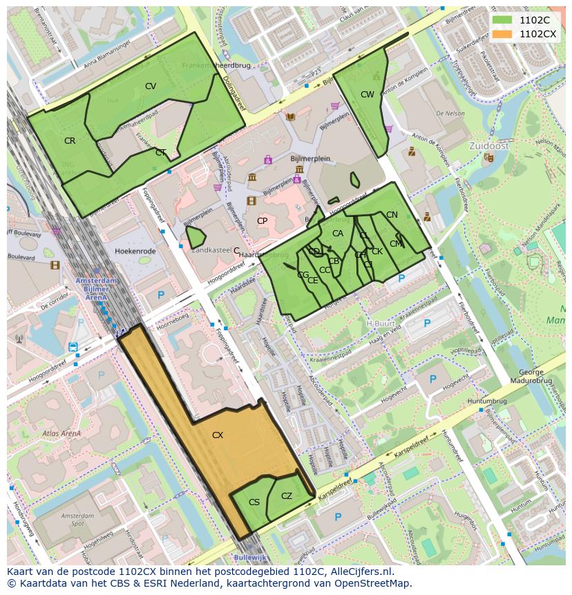 Afbeelding van het postcodegebied 1102 CX op de kaart.