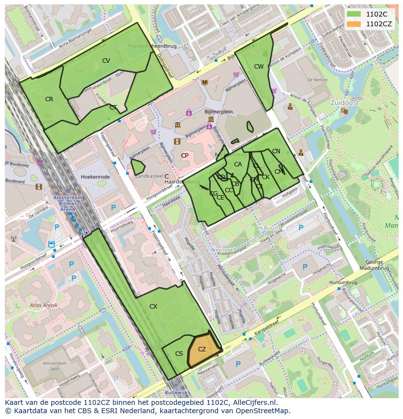 Afbeelding van het postcodegebied 1102 CZ op de kaart.