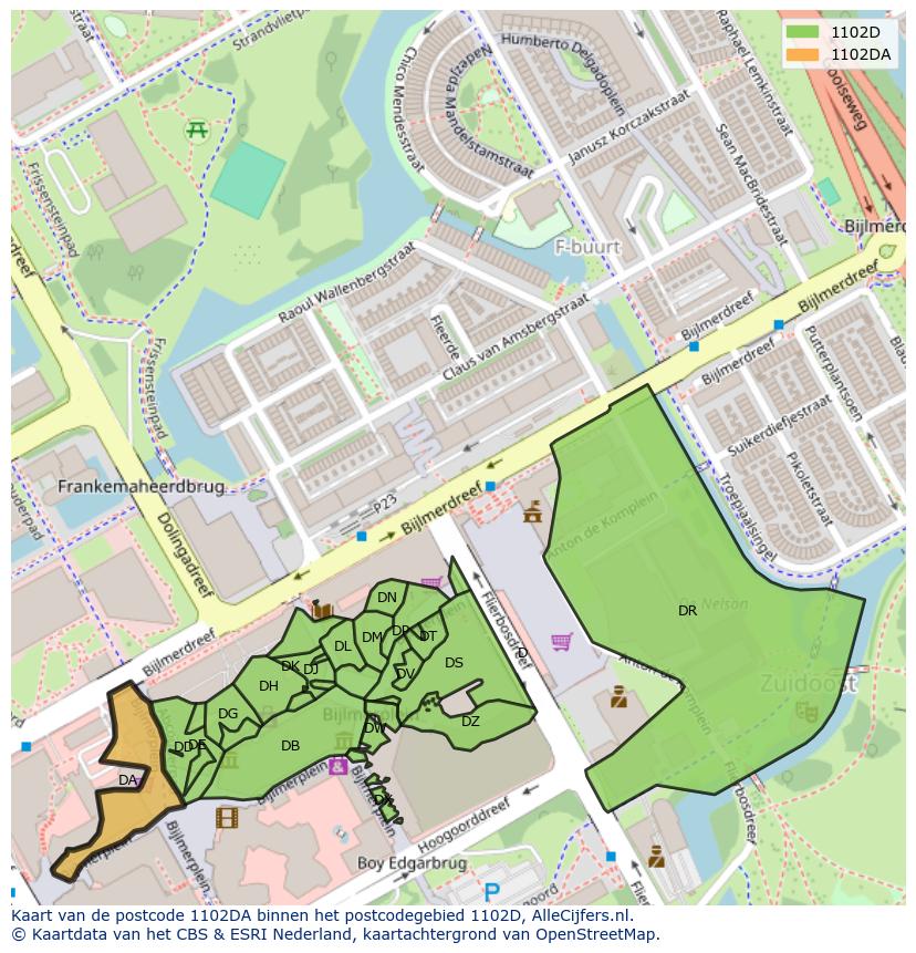 Afbeelding van het postcodegebied 1102 DA op de kaart.