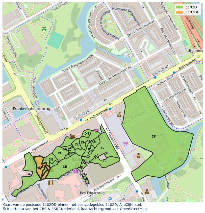 Afbeelding van het postcodegebied 1102 DD op de kaart.