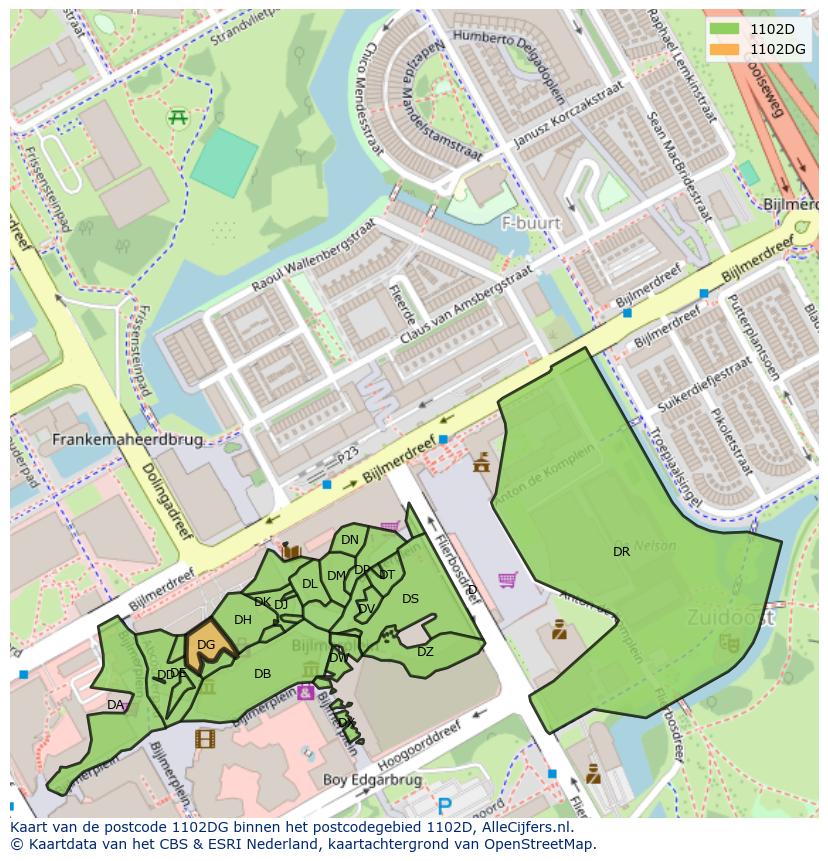 Afbeelding van het postcodegebied 1102 DG op de kaart.