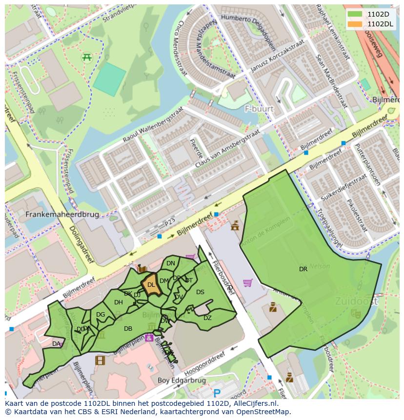 Afbeelding van het postcodegebied 1102 DL op de kaart.