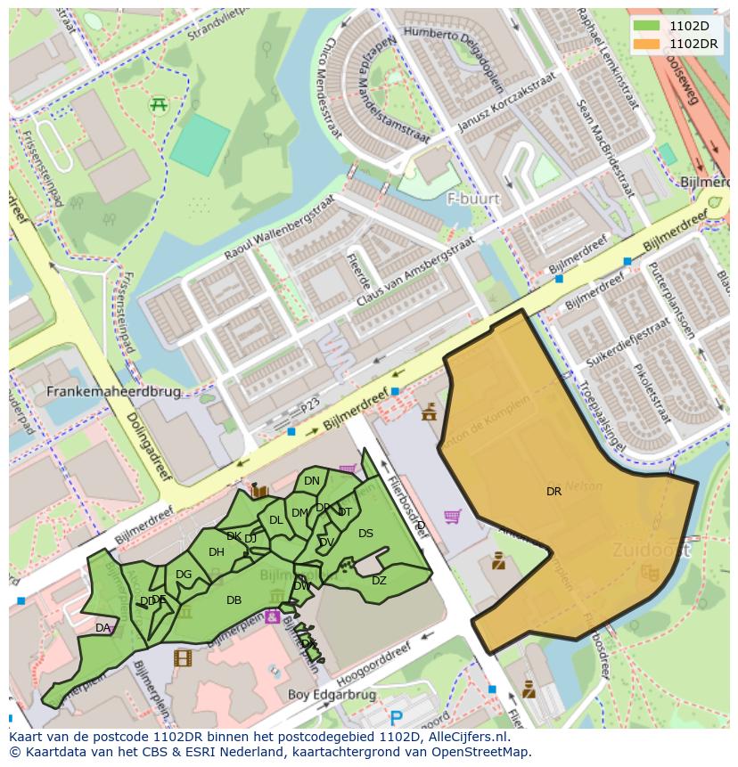 Afbeelding van het postcodegebied 1102 DR op de kaart.