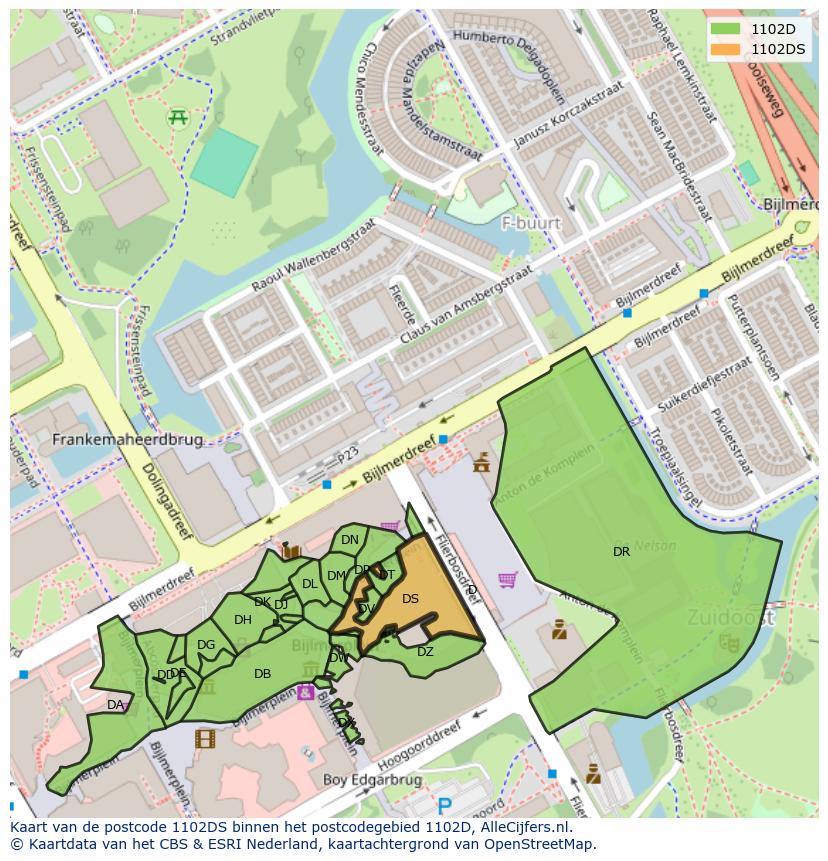 Afbeelding van het postcodegebied 1102 DS op de kaart.
