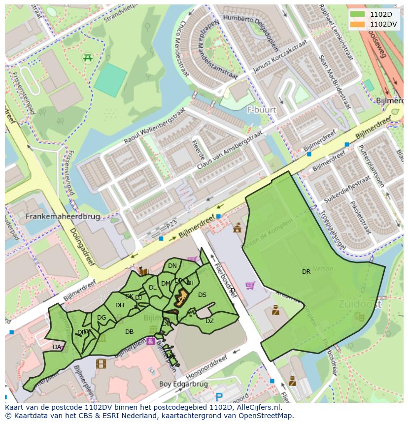 Afbeelding van het postcodegebied 1102 DV op de kaart.