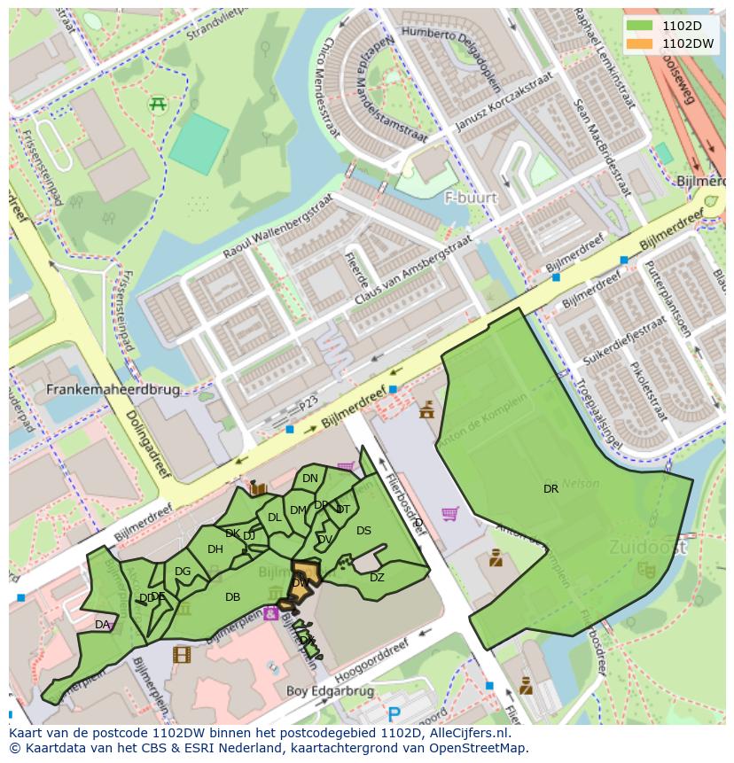 Afbeelding van het postcodegebied 1102 DW op de kaart.