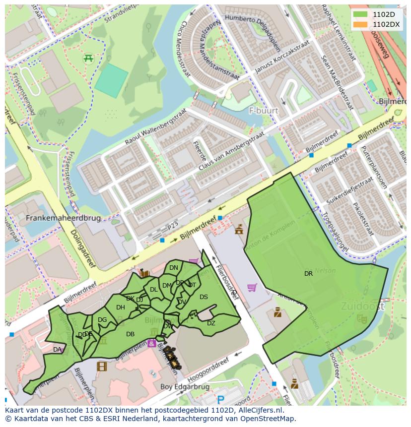 Afbeelding van het postcodegebied 1102 DX op de kaart.