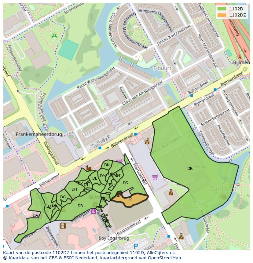 Afbeelding van het postcodegebied 1102 DZ op de kaart.