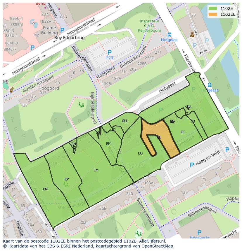 Afbeelding van het postcodegebied 1102 EE op de kaart.