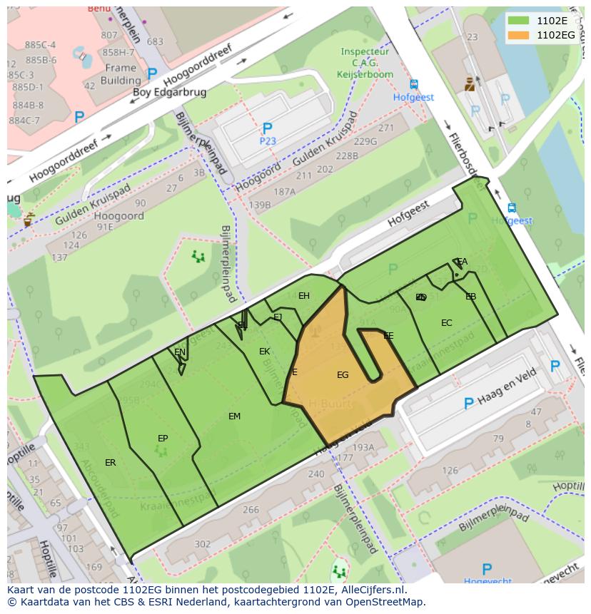 Afbeelding van het postcodegebied 1102 EG op de kaart.