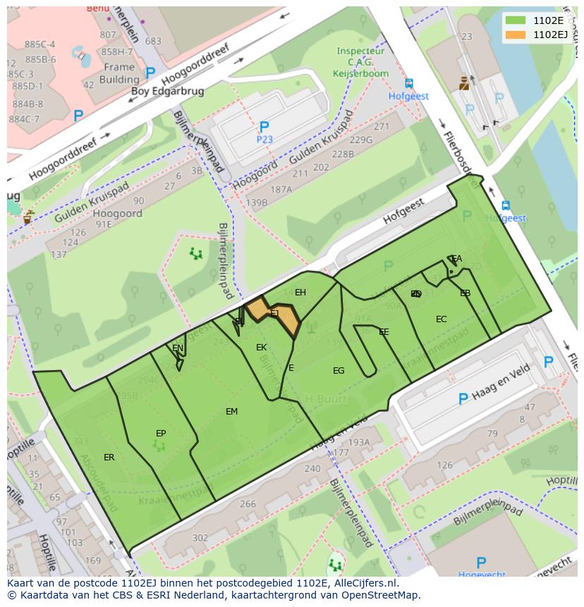 Afbeelding van het postcodegebied 1102 EJ op de kaart.