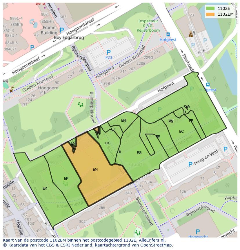 Afbeelding van het postcodegebied 1102 EM op de kaart.