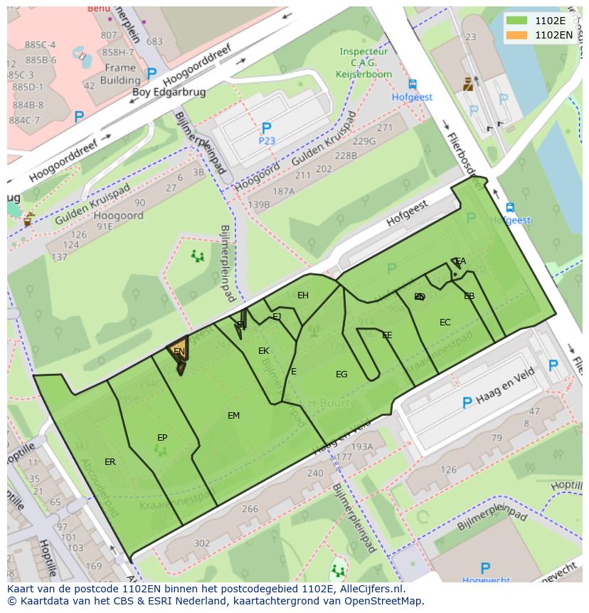 Afbeelding van het postcodegebied 1102 EN op de kaart.
