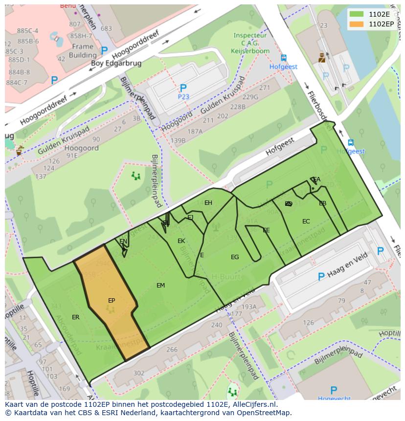 Afbeelding van het postcodegebied 1102 EP op de kaart.