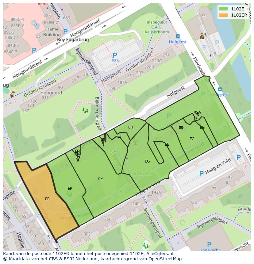 Afbeelding van het postcodegebied 1102 ER op de kaart.