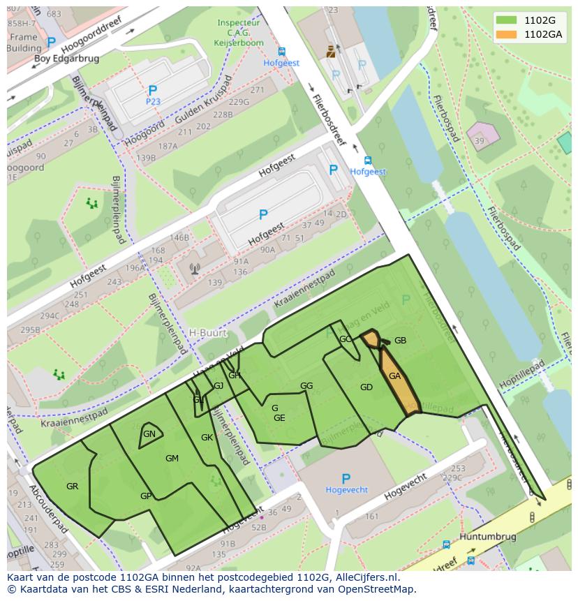 Afbeelding van het postcodegebied 1102 GA op de kaart.