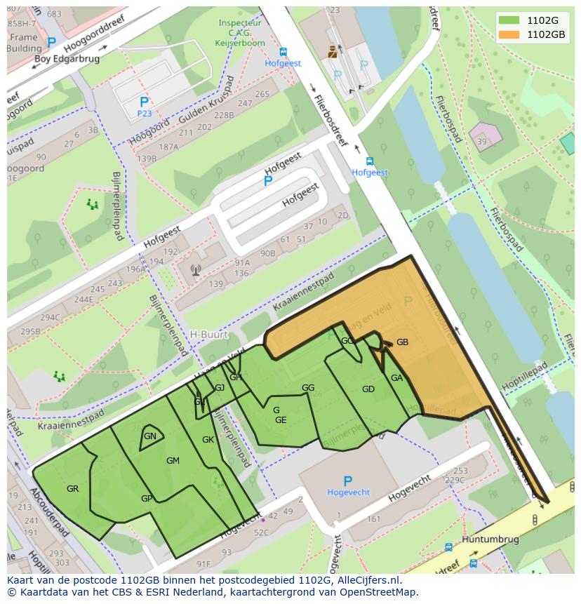 Afbeelding van het postcodegebied 1102 GB op de kaart.