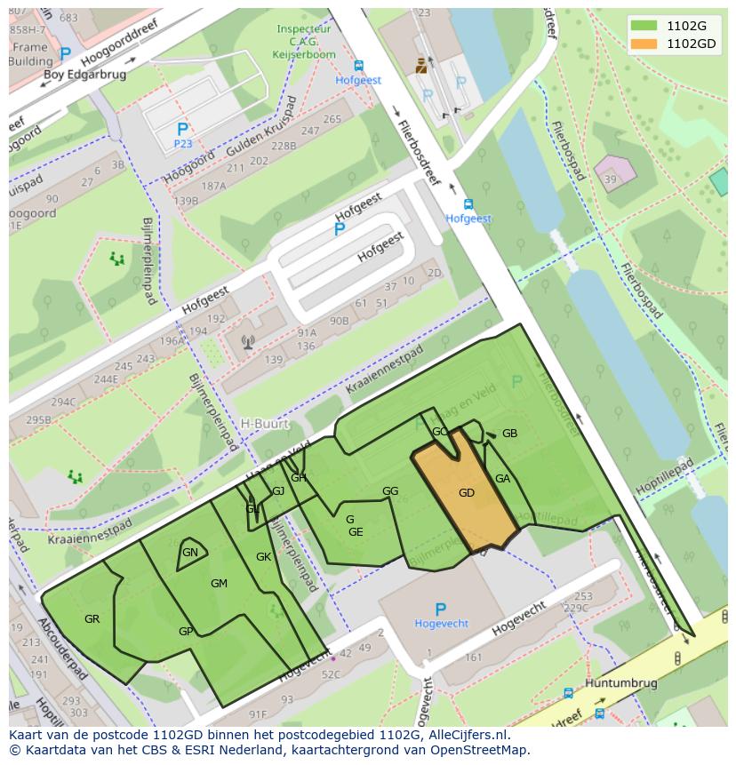 Afbeelding van het postcodegebied 1102 GD op de kaart.