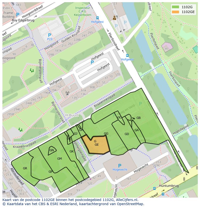 Afbeelding van het postcodegebied 1102 GE op de kaart.