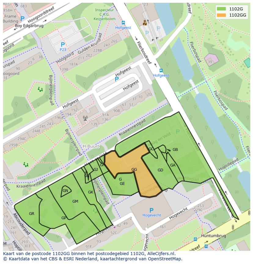 Afbeelding van het postcodegebied 1102 GG op de kaart.