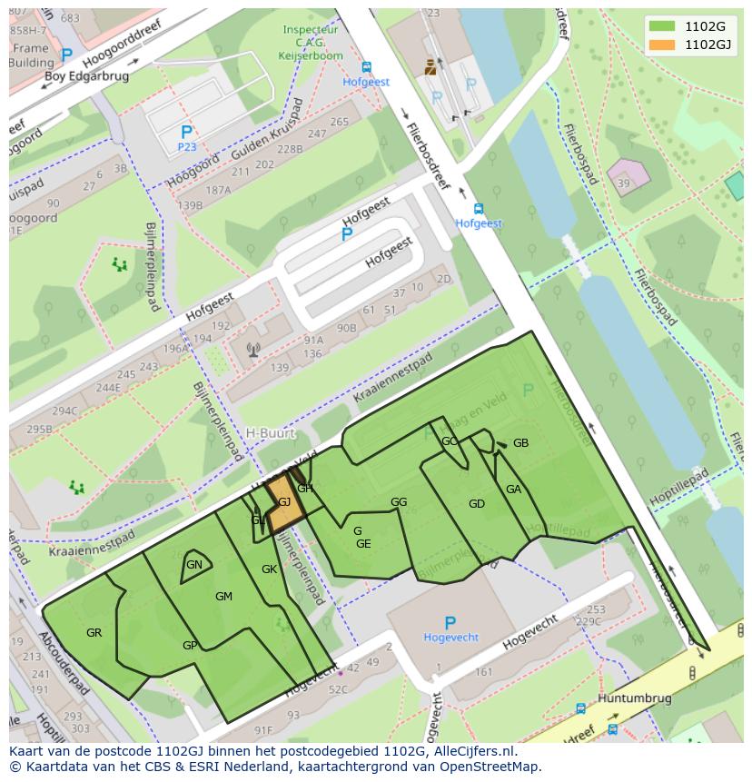 Afbeelding van het postcodegebied 1102 GJ op de kaart.