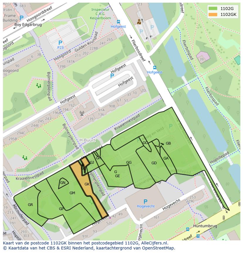Afbeelding van het postcodegebied 1102 GK op de kaart.
