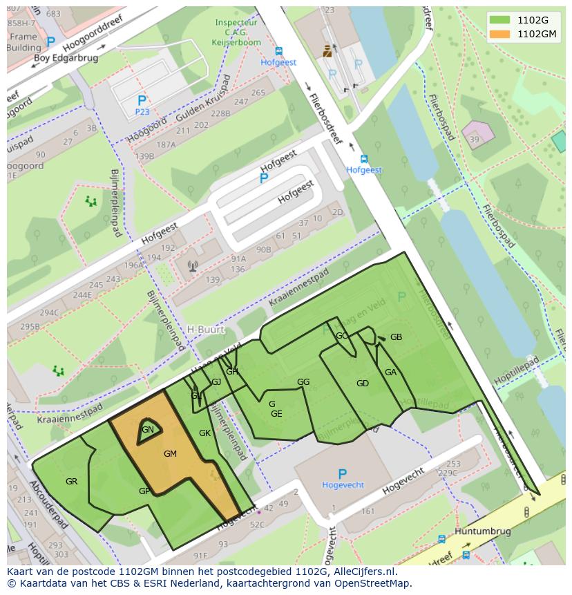 Afbeelding van het postcodegebied 1102 GM op de kaart.