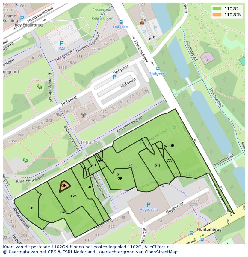 Afbeelding van het postcodegebied 1102 GN op de kaart.