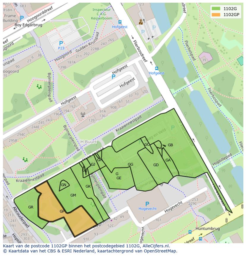 Afbeelding van het postcodegebied 1102 GP op de kaart.