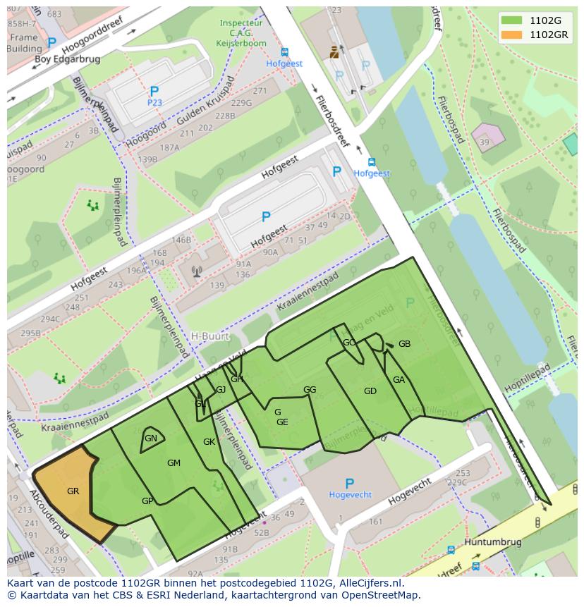 Afbeelding van het postcodegebied 1102 GR op de kaart.
