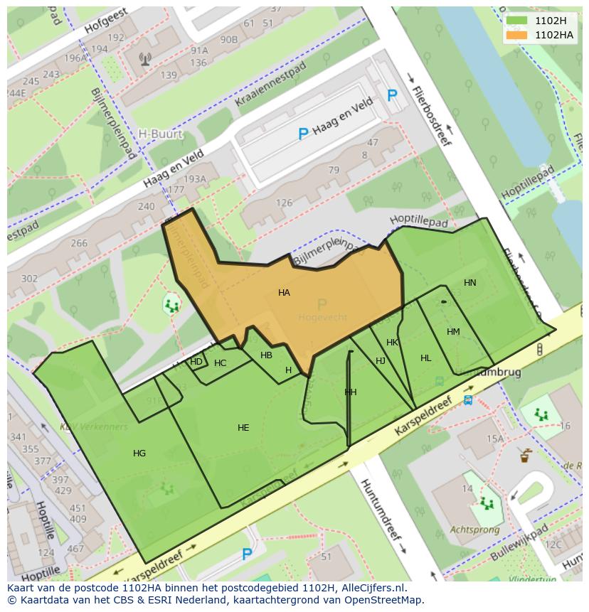 Afbeelding van het postcodegebied 1102 HA op de kaart.