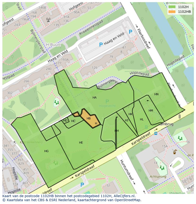 Afbeelding van het postcodegebied 1102 HB op de kaart.
