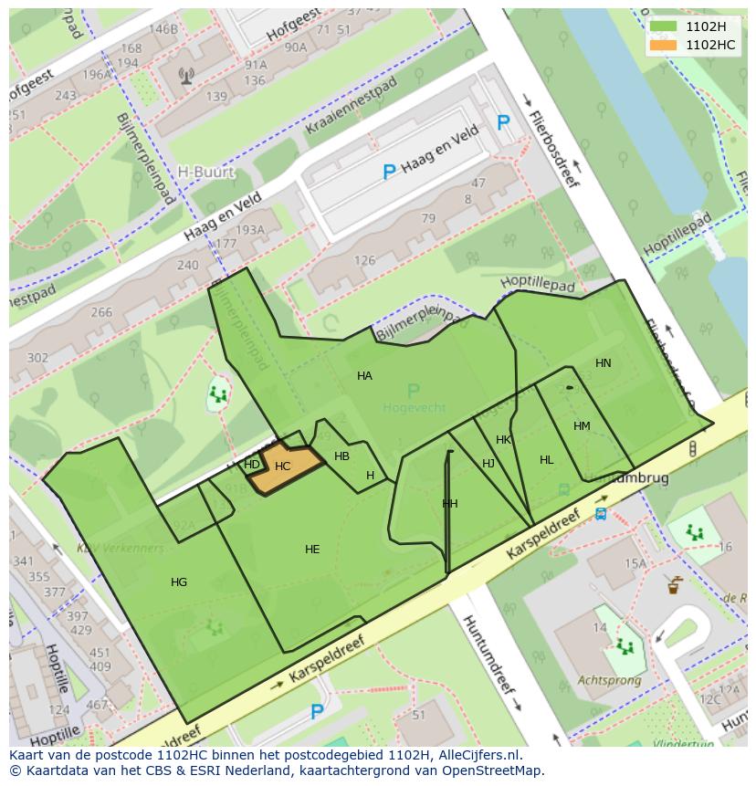 Afbeelding van het postcodegebied 1102 HC op de kaart.