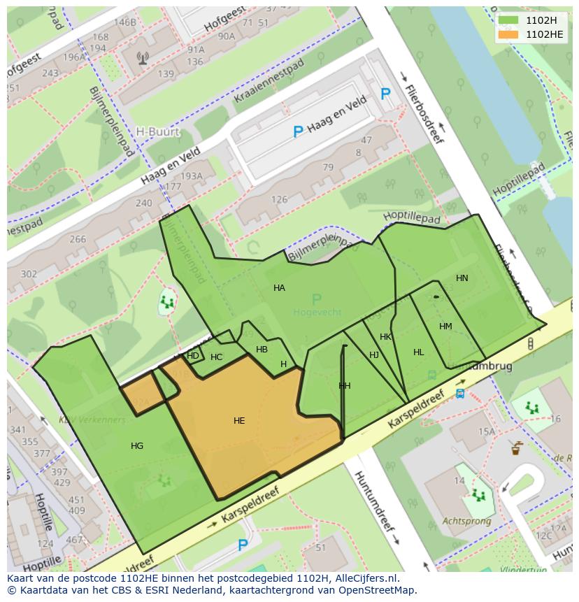 Afbeelding van het postcodegebied 1102 HE op de kaart.