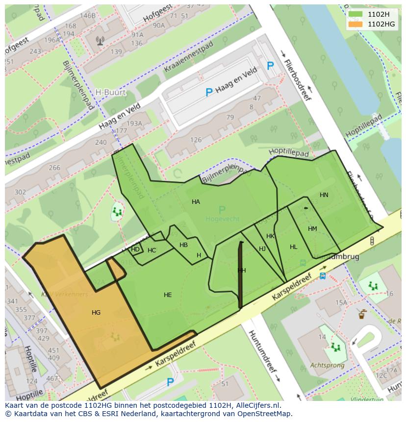 Afbeelding van het postcodegebied 1102 HG op de kaart.