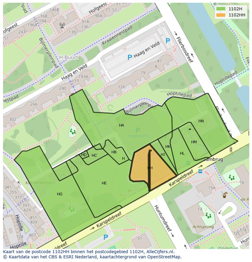 Afbeelding van het postcodegebied 1102 HH op de kaart.