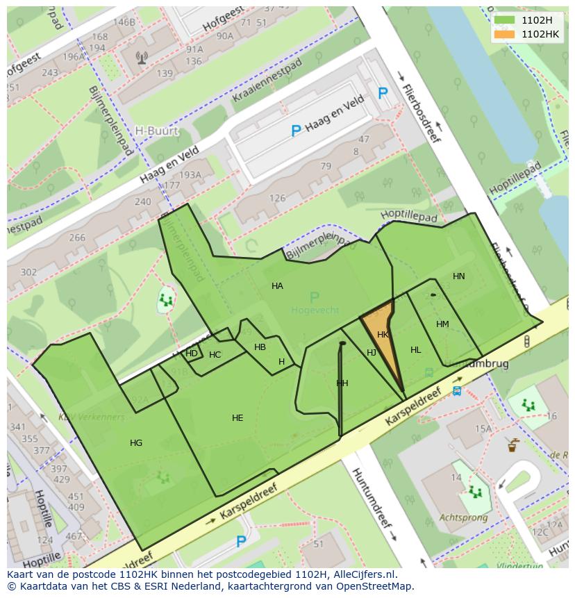 Afbeelding van het postcodegebied 1102 HK op de kaart.