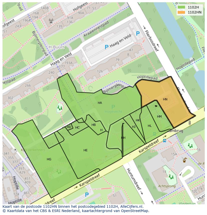 Afbeelding van het postcodegebied 1102 HN op de kaart.