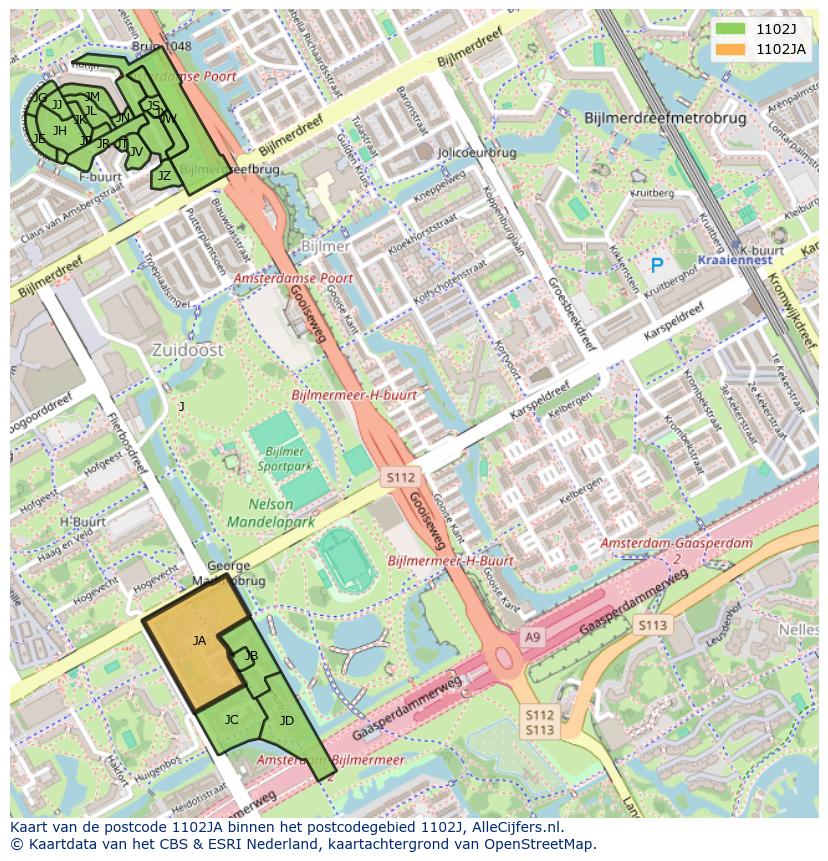 Afbeelding van het postcodegebied 1102 JA op de kaart.